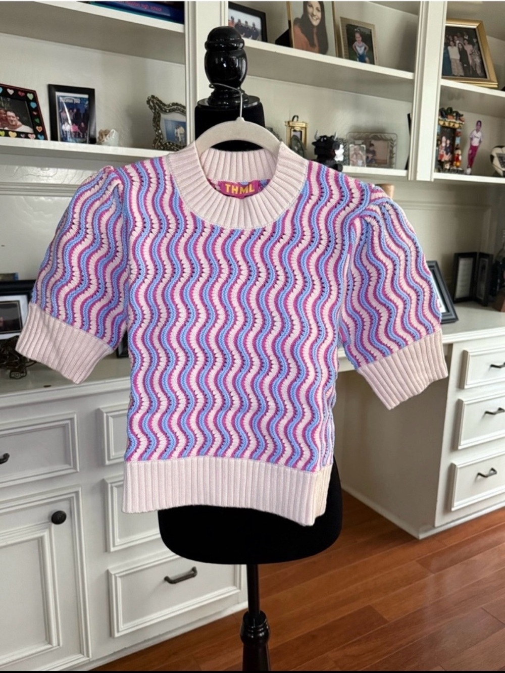 new THML Chloe Wavy Knit Short Sleeve Sweater – Pink & Blue